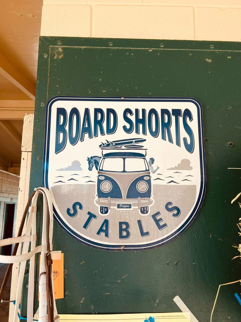 Board Shorts Stables sign in the barn